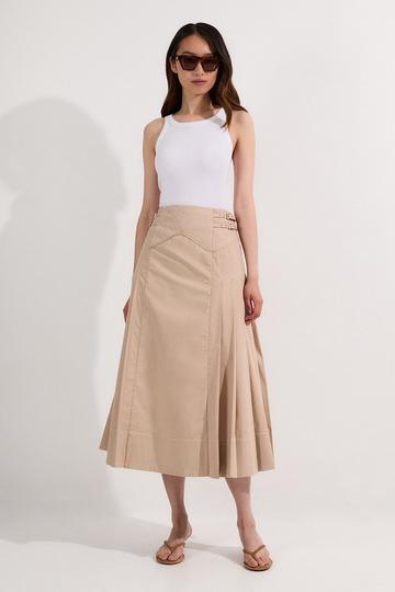 Nude Cotton Poplin Top Stitch Detail Woven Pleat Skirt