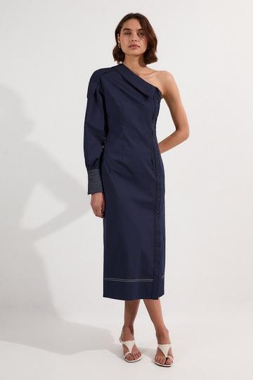 Cotton Poplin Top Stitch Detail One Shoulder Woven Midi Dress navy