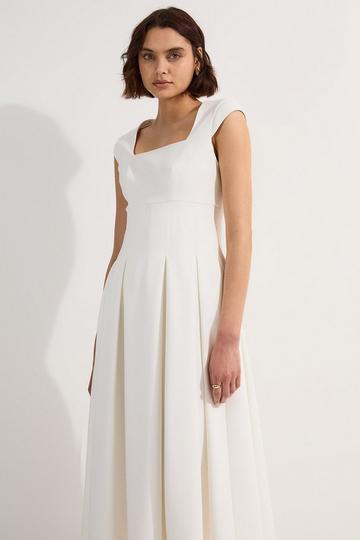 Clean Tailored Square Neck Full Skirted Midi Dress ivory