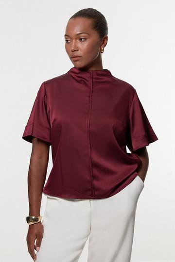 Plus Size Top Stitch Satin Woven Short Sleeve Top aubergine