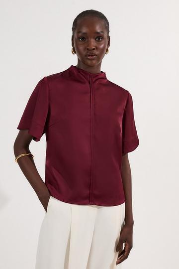 Top Stitch Satin Woven Short Sleeve Top aubergine