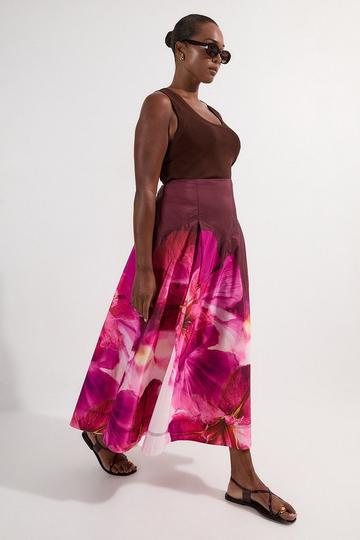 Plus Size Placed Floral Taffeta Woven Maxi Skirt floral