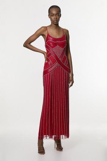 Petite Crystal Beaded Strappy Woven Maxi Dress red