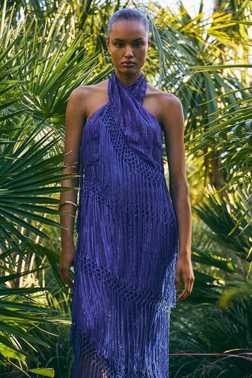 Blue Beach Fringe Halter Neck Woven Dress