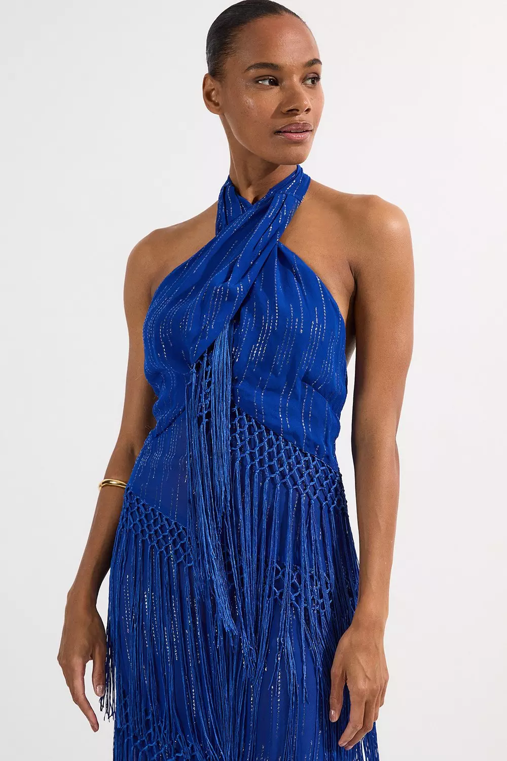 Beach Fringe Metallic Thread Halter Neck Dress | Karen Millen