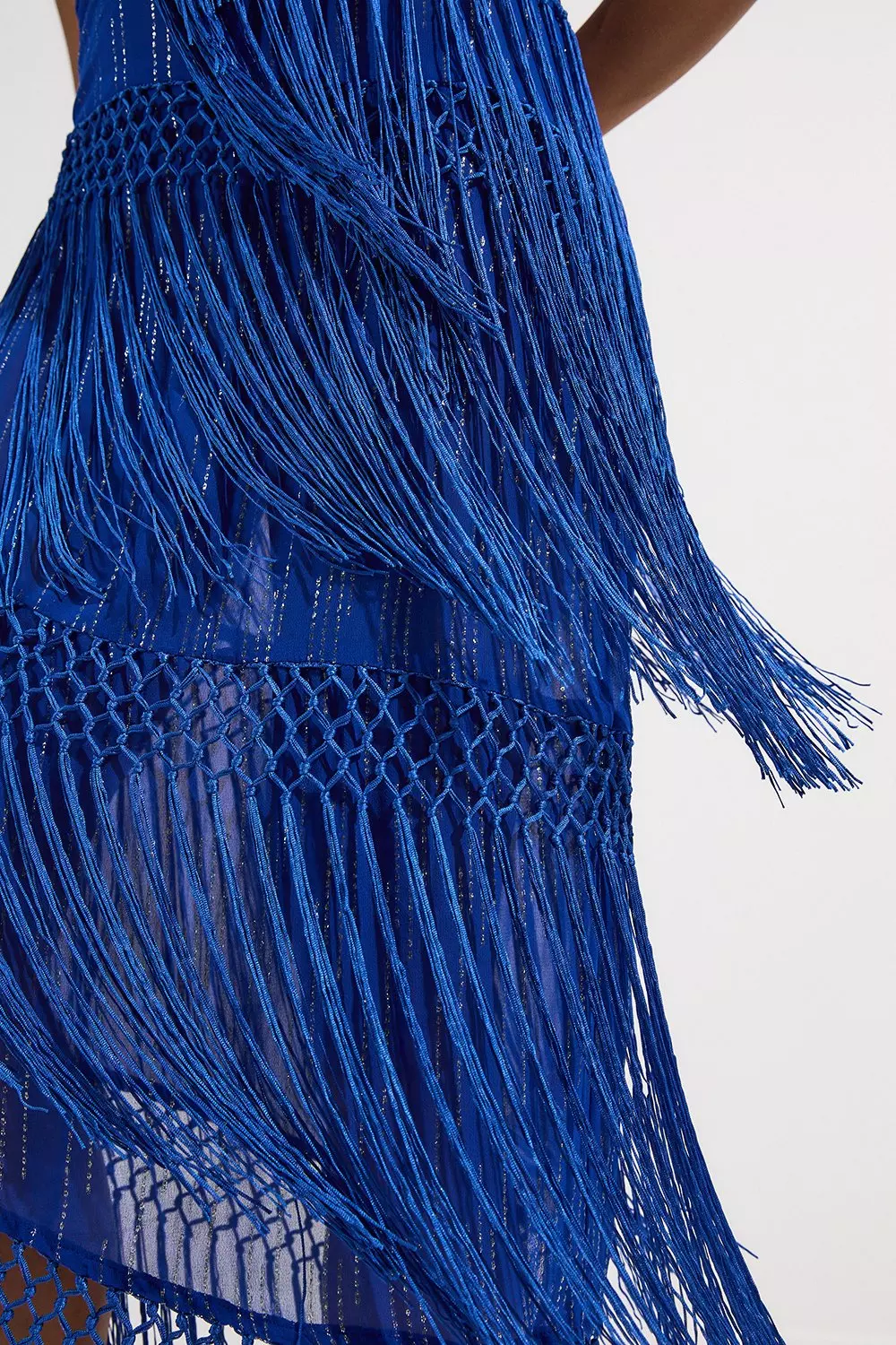 Beach Fringe Metallic Thread Halter Neck Dress | Karen Millen