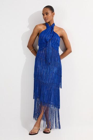 Petite Beach Fringe Halter Neck Woven Dress blue