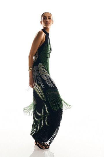 Tropical Beaded Strappy Back Woven Halter Maxi Dress black