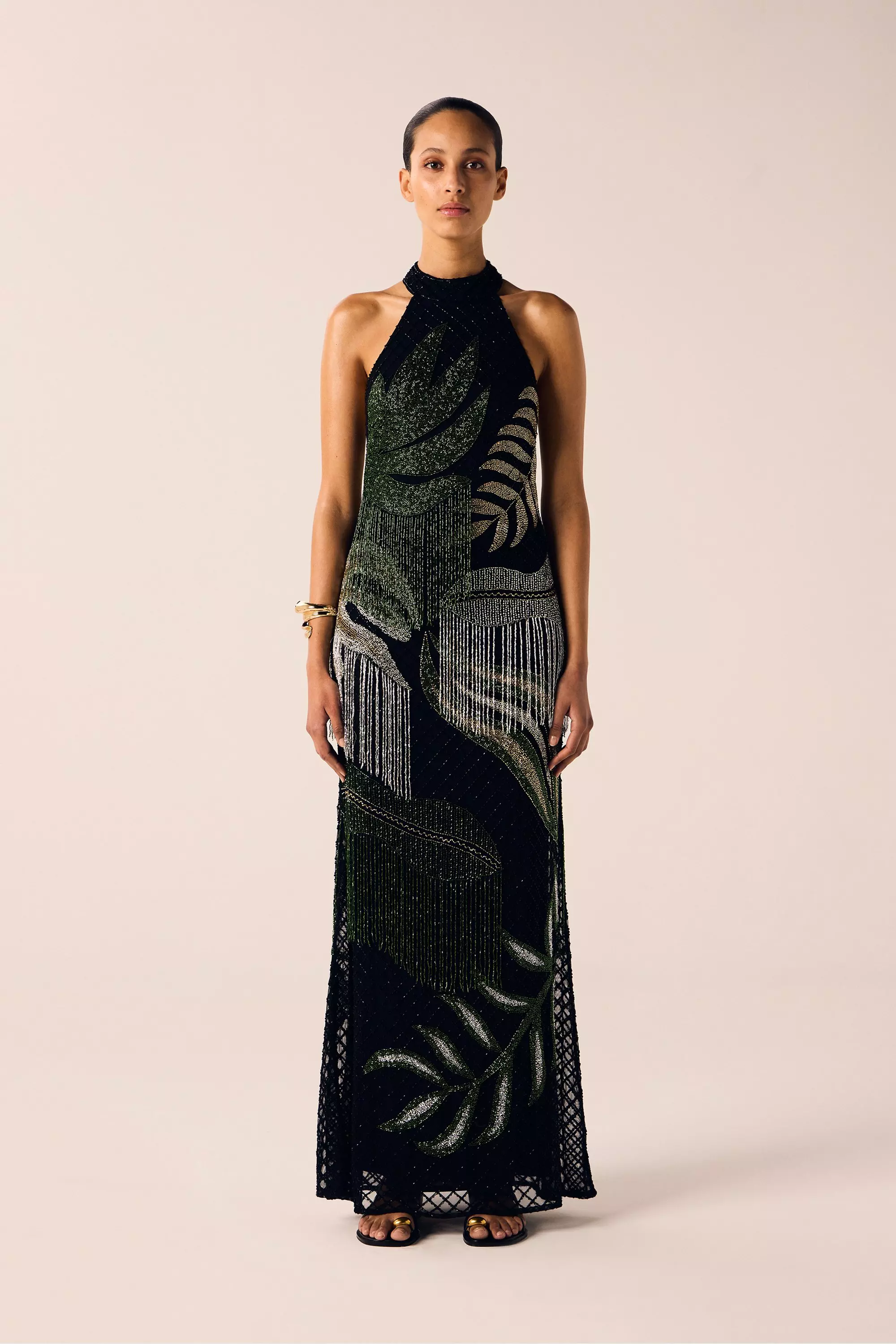 Tropical Beaded Strappy Back Woven Halter Maxi Dress | Karen