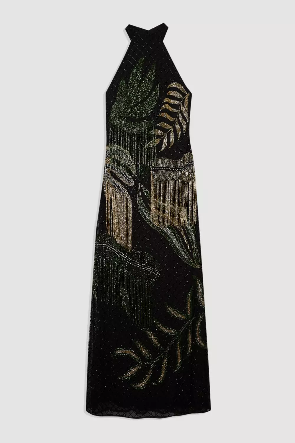 Tropical Beaded Strappy Back Woven Halter Maxi Dress | Karen