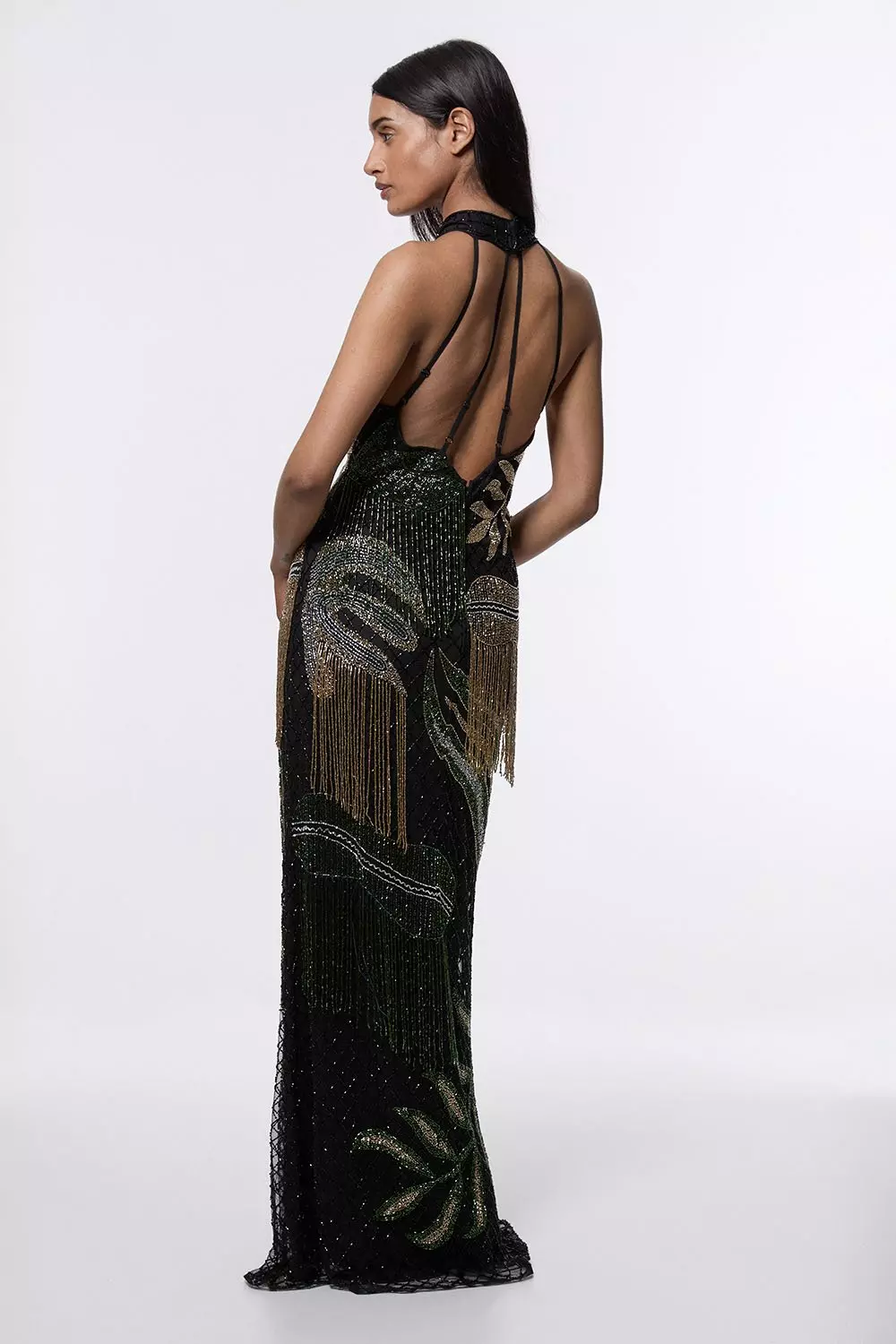 Tropical Beaded Strappy Back Woven Halter Maxi Dress | Karen