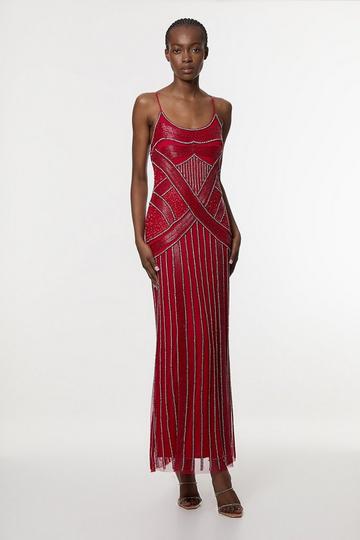 Crystal Beaded Strappy Woven Maxi Dress red