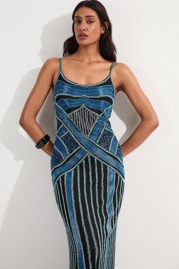 Crystal Beaded Strappy Woven Maxi Dress black