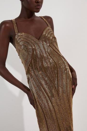 Gold Metallic Petite Beaded Contour Sweet Heart Neckline Woven Maxi Dress