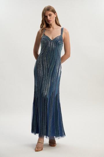 Beaded Contour Sweet Heart Neckline Woven Maxi Dress blue