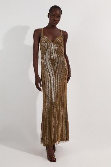 Gold Metallic Beaded Contour Sweet Heart Neckline Woven Maxi Dress