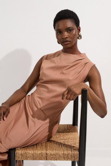 Tailored Drapey Bodice Asymmetric Midi Dress camel