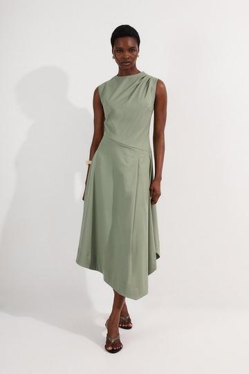 Tailored Drapey Bodice Asymmetric Midi Dress sage