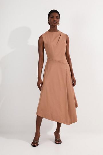 Tall Tailored Drapey Bodice Asymmetric Midi Dress camel