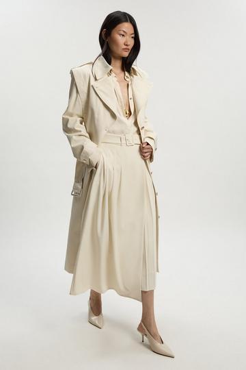 Strong Shoulder Belted Midi Trench Coat ivory
