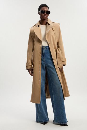 Strong Shoulder Belted Midi Trench Coat tan