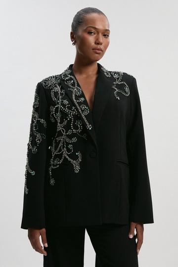 Plus Size Crystal Embellished Tailored Single Breasted Blazer black