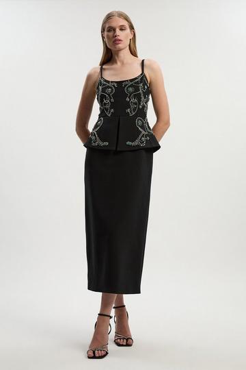 Crystal Embellished Peplum Bandeau Pencil Midi Dress black