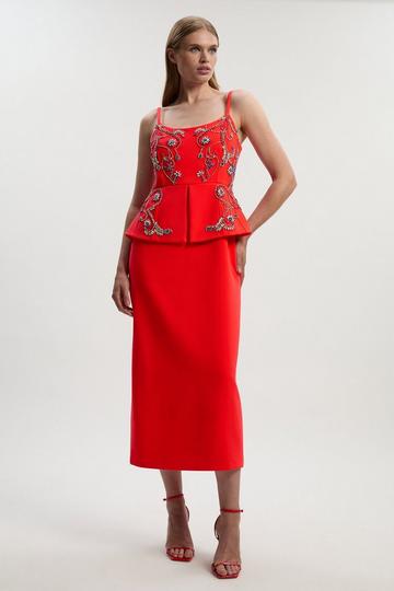 Red Crystal Embellished Peplum Bandeau Pencil Midi Dress
