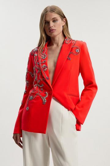 Crystal Embellished Tailored Single Breasted Blazer red