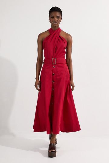 Tailored Polished Cotton Belted Halter Full Skirted Midi Dress maroon