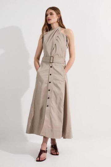 Tailored Polished Cotton Belted Halter Full Skirted Midi Dress stone