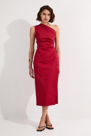 Tailored Polished Cotton Asymmetric Drape Pencil Dress maroon