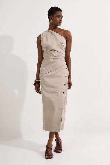 Tailored Polished Cotton Asymmetric Drape Pencil Dress stone