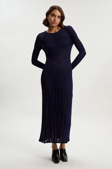 Navy Drapey Sheer Rib Knitted Midi Dress