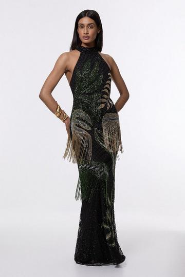 Black Petite Tropical Beaded Strappy Back Woven Halter Maxi Dress