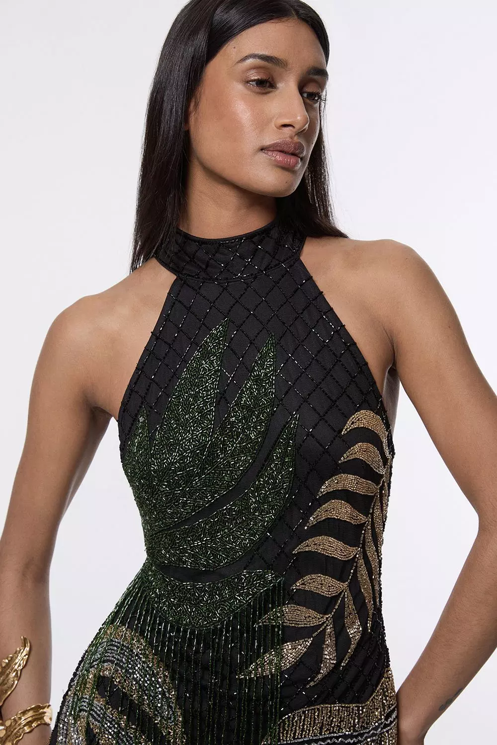 Petite Tropical Beaded Strappy Back Woven Halter Maxi Dress