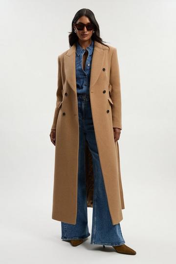 Petite Wool Double Breasted Belted Tailored Maxi Coat camel
