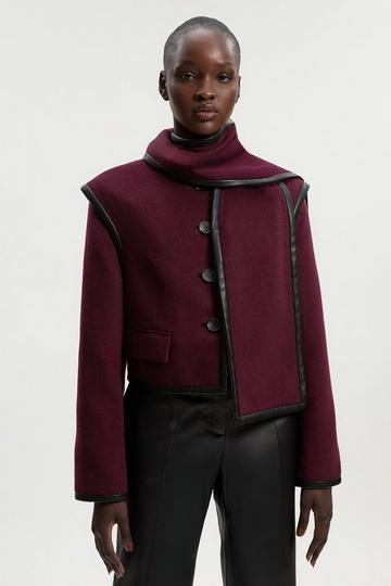 Petite Brushed Wool Pu Mix Detachable Scarf Tailored Crop Coat burgundy