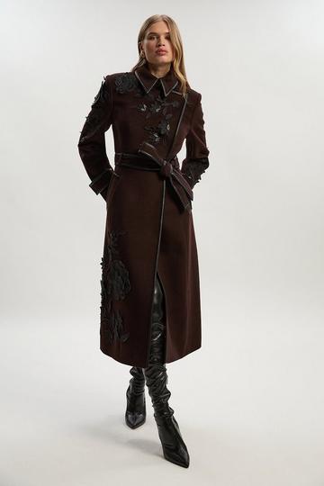Brushed Wool Pu Mix Placed Floral Embroidery Applique Tailored Midi Coat chocolate