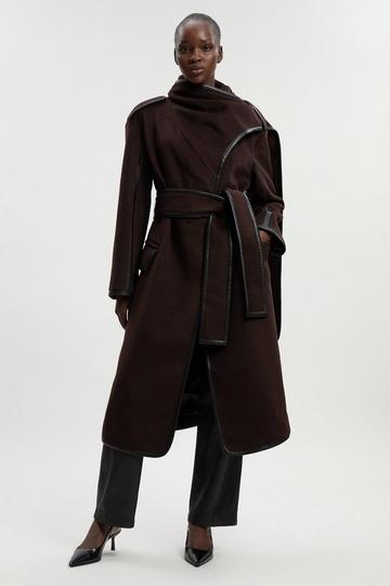 Brushed Wool Pu Mix Scarf Neck Belted Tailored Maxi Coat chocolate