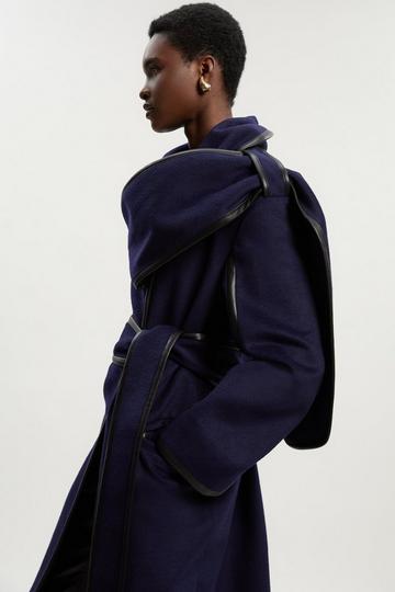 Navy Brushed Wool Pu Mix Scarf Neck Belted Tailored Maxi Coat