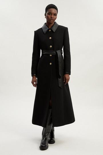 Black Wool Pu Mix Belted Tailored Maxi Coat
