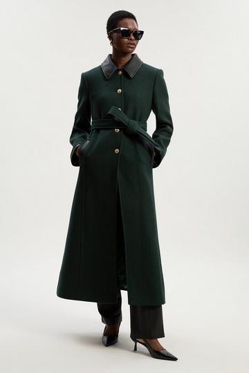 Wool Pu Mix Belted Tailored Maxi Coat forest