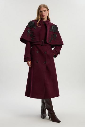 Brushed Wool Pu Mix Placed Floral Embroidery Applique Tailored Cape Full Skirted Midi Coat burgundy