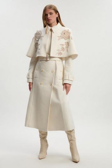 Brushed Wool Pu Mix Placed Floral Embroidery Applique Tailored Cape Full Skirted Midi Coat ivory