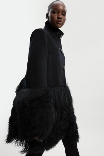 Black Brushed Wool And Shearling Buckle Detail Short Tailored Coat