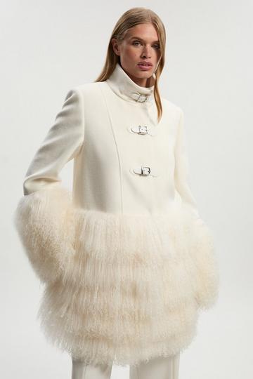 Brushed Wool And Shearling Buckle Detail Short Tailored Coat ivory