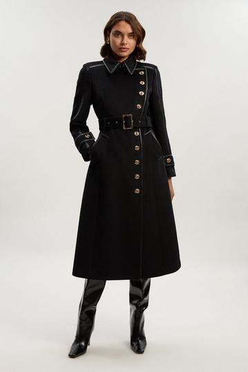 Brushed Wool Pu Mix Gold Trim Belted Midi Coat black