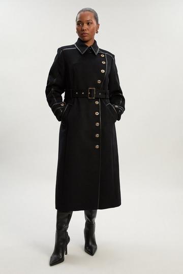 Plus Size Brushed Wool Pu Mix Gold Trim Belted Midi Coat black