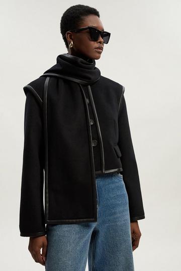 Black Brushed Wool Pu Mix Detachable Scarf Tailored Crop Coat